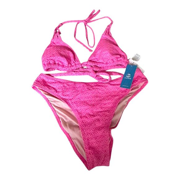 NEW Cupshe SWIMSUIT Womens MED Bikini Set 2PC Halter V Neck Ruched Cheeky Bottom - Picture 5 of 14